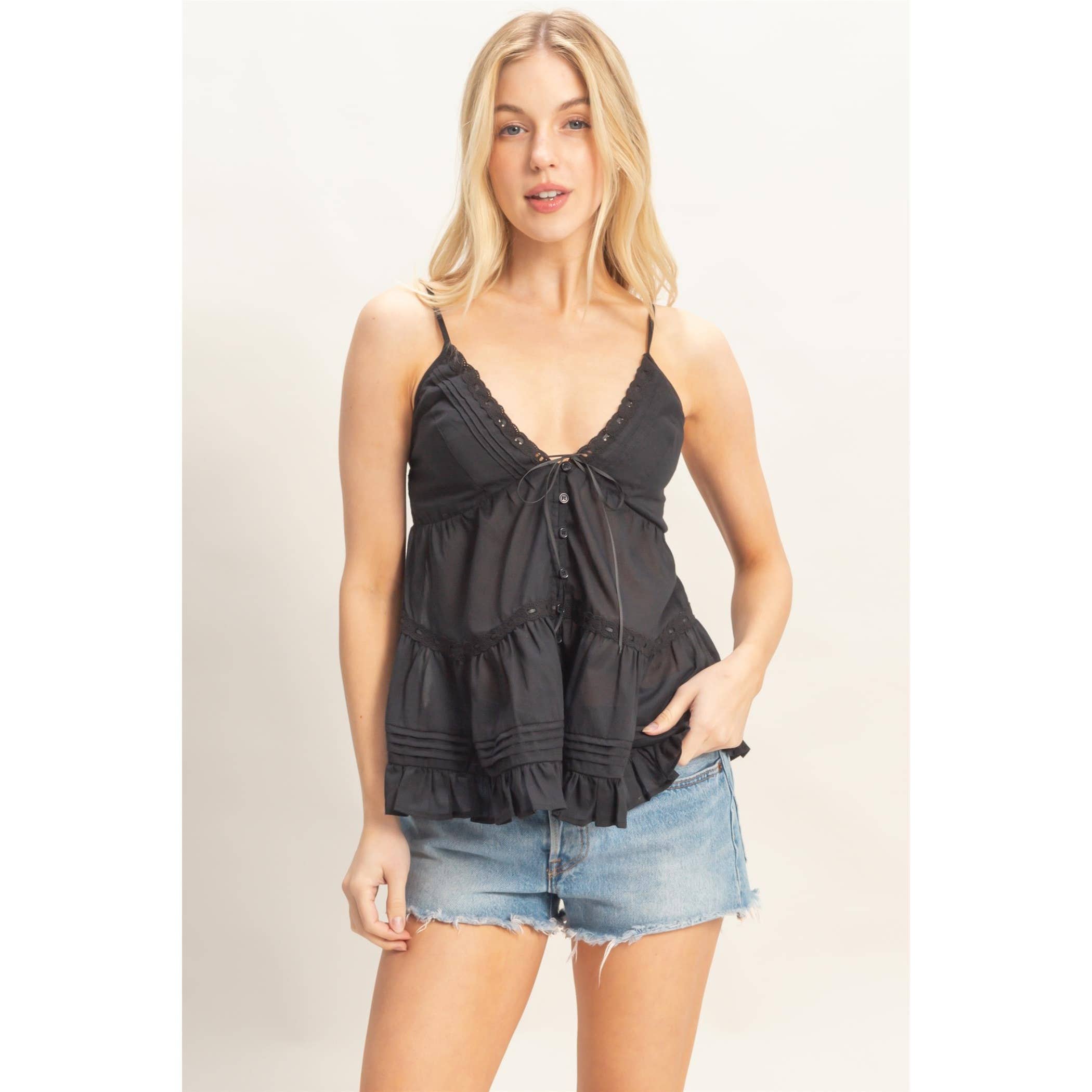 Strappy Lace Trim Ruffle Top: IVORY / S-M-L(2-2-2)
