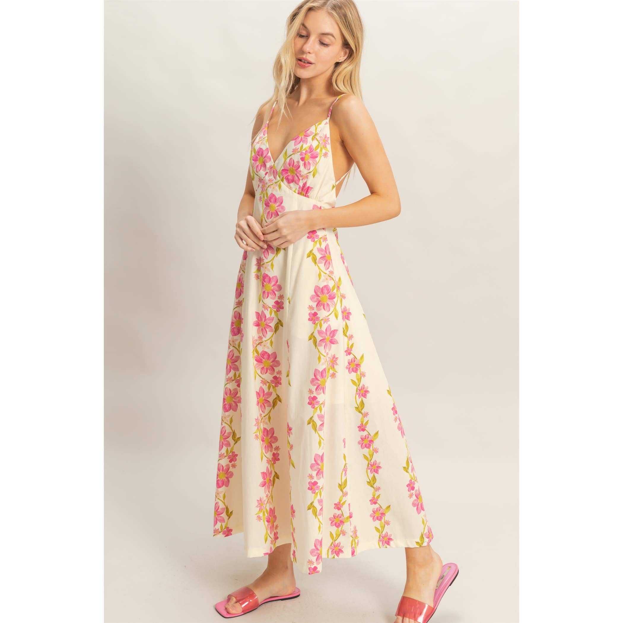 Floral V-Neck Cami Dress: PINK / S-M-L(2-2-2)