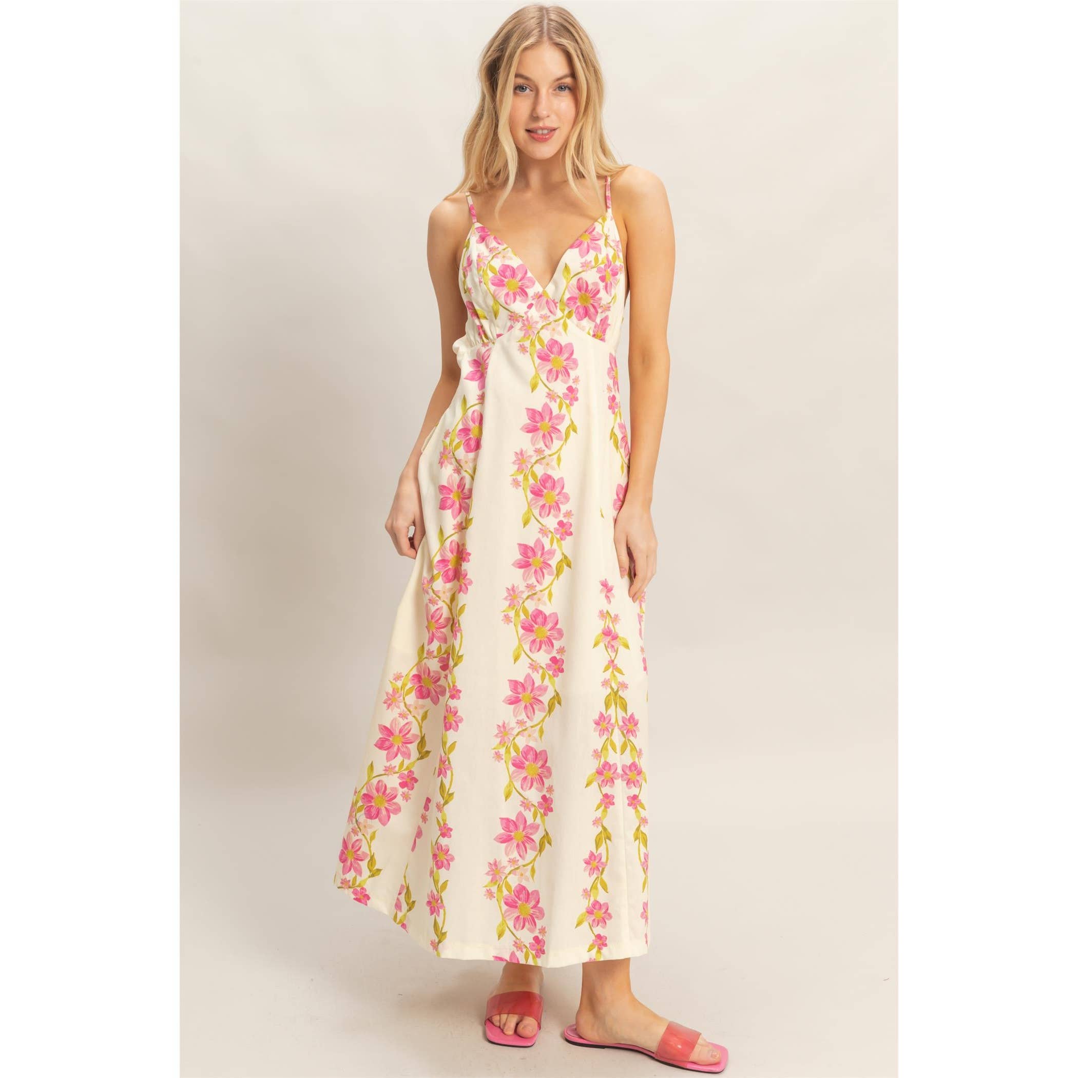 Floral V-Neck Cami Dress: PINK / S-M-L(2-2-2)