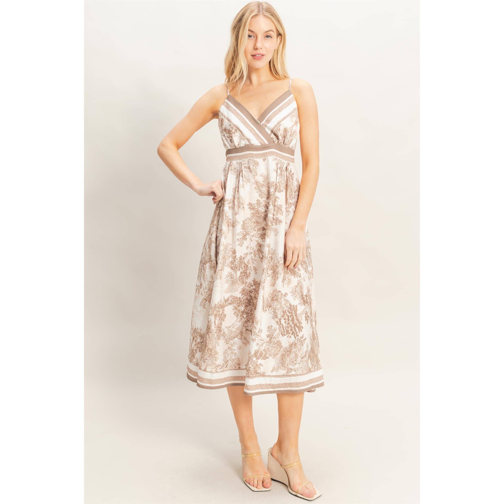 Printed V-Neck A-Line Dress: BEIGE / S-M-L(2-2-2)
