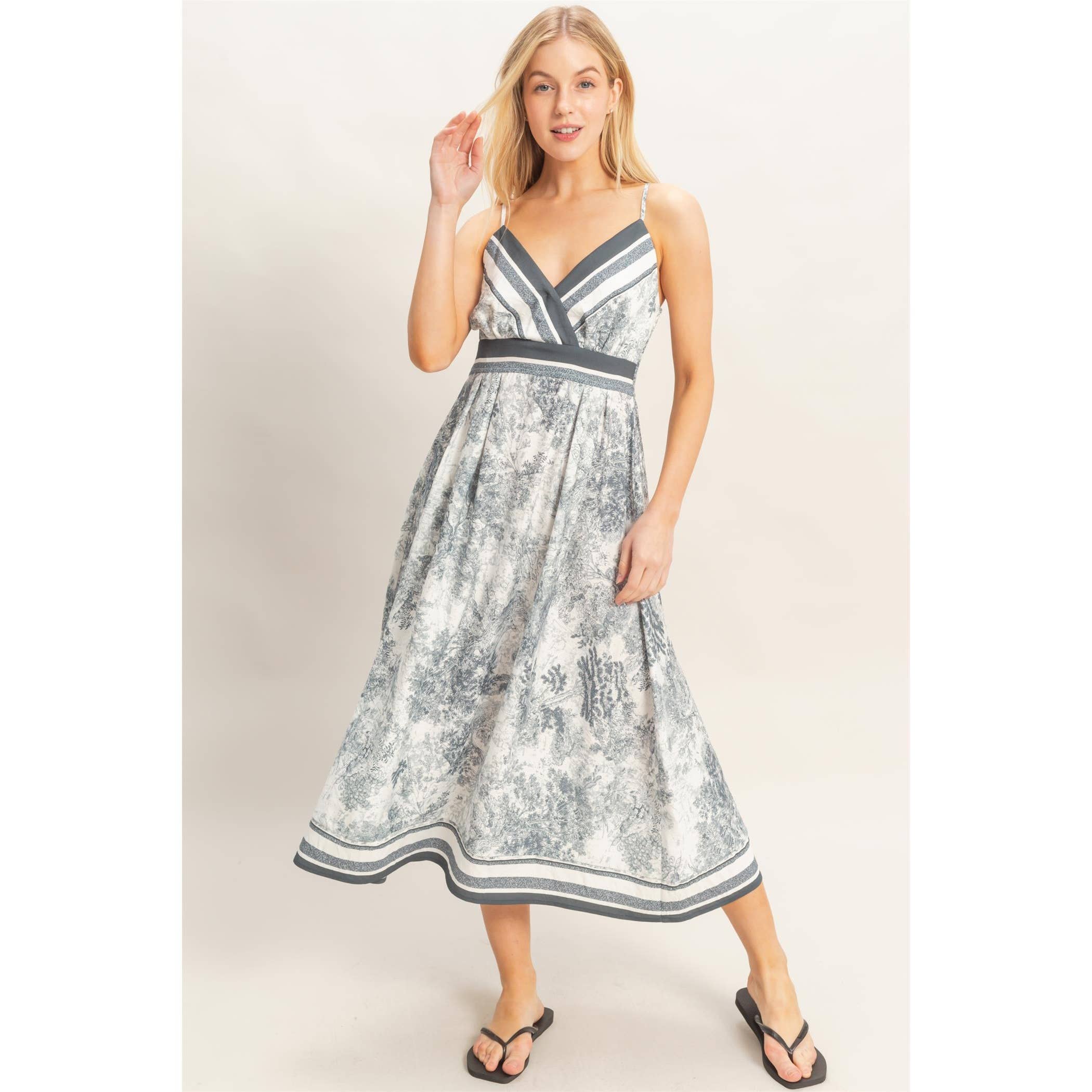 Printed V-Neck A-Line Dress: BEIGE / S-M-L(2-2-2)