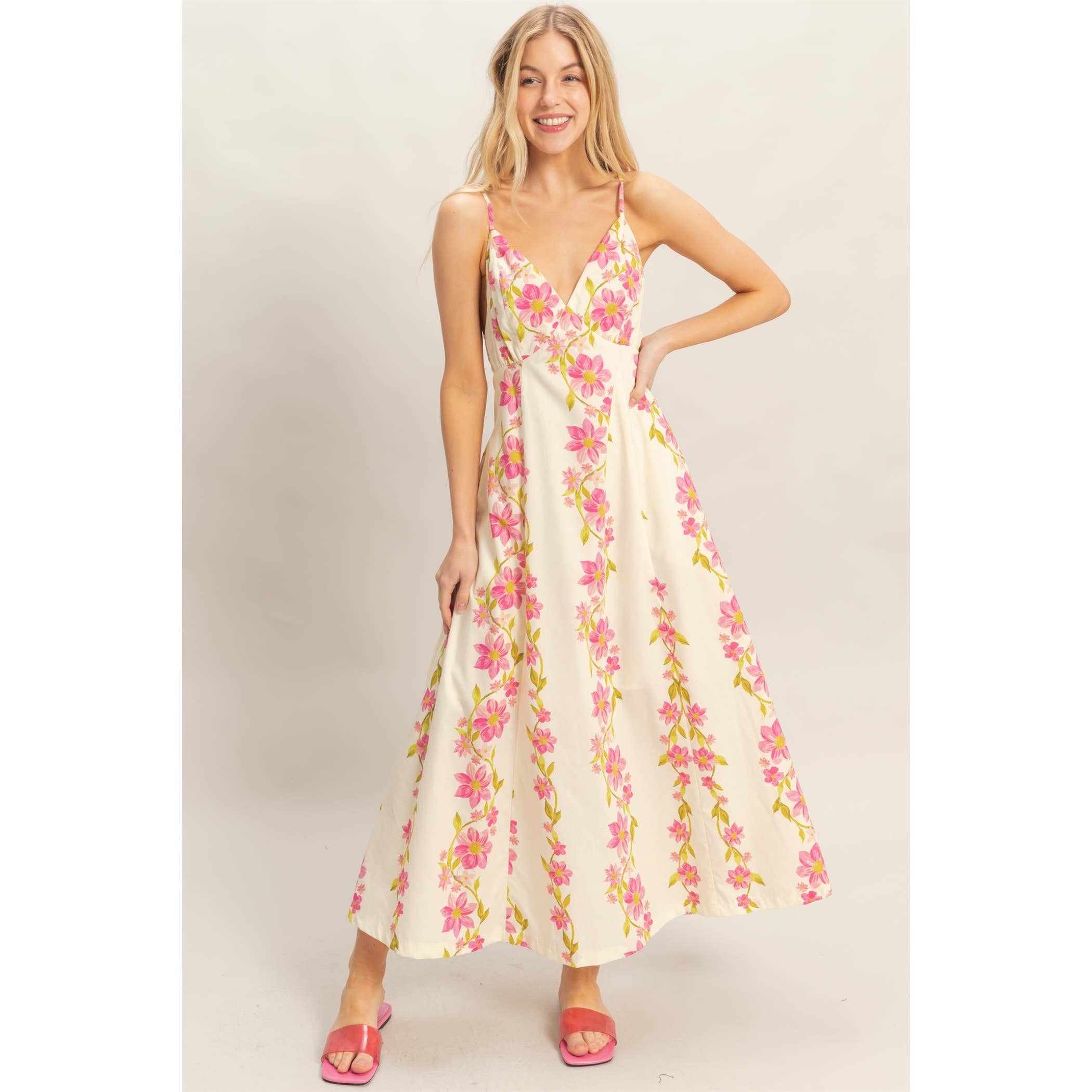 Floral V-Neck Cami Dress: PINK / S-M-L(2-2-2)