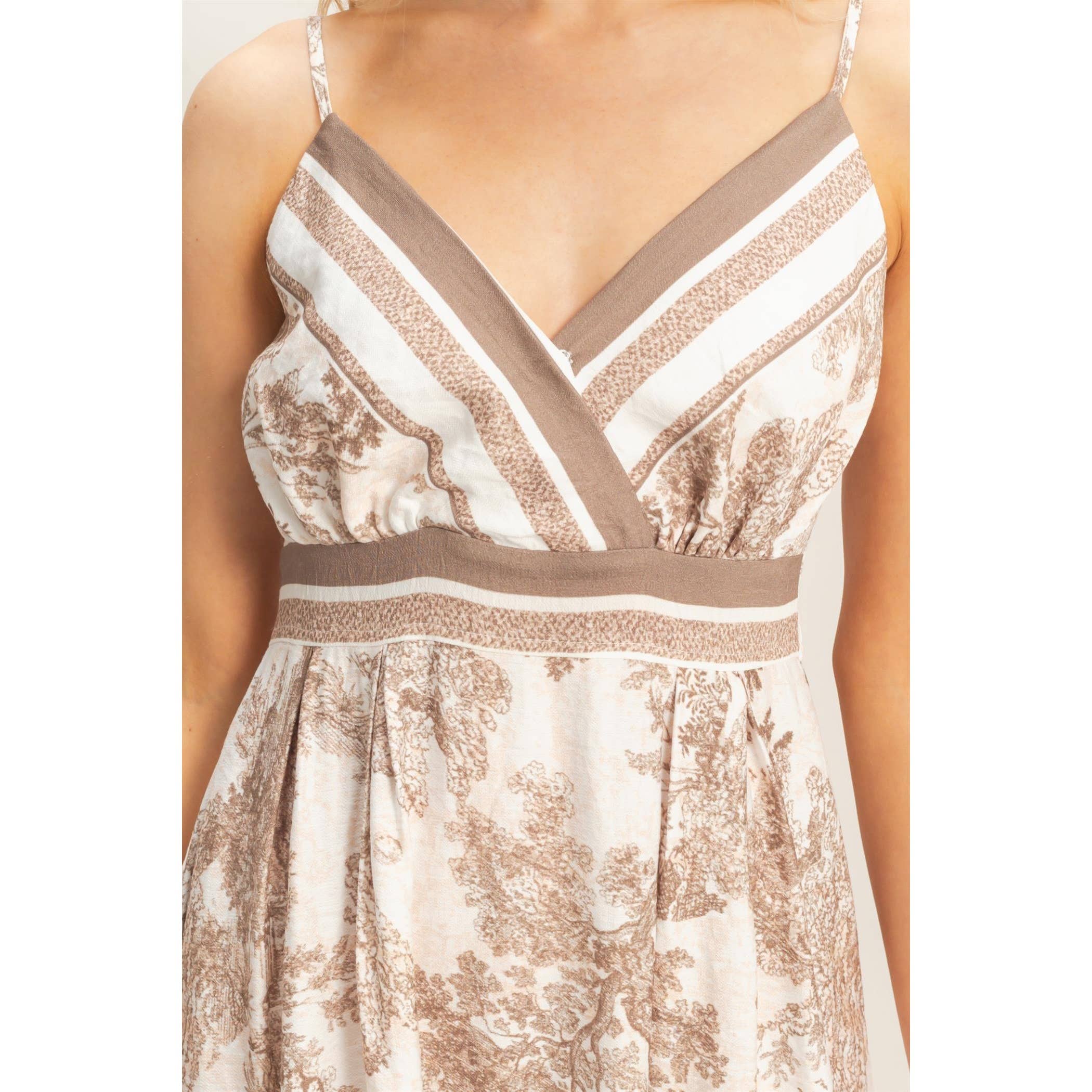 Printed V-Neck A-Line Dress: BEIGE / S-M-L(2-2-2)