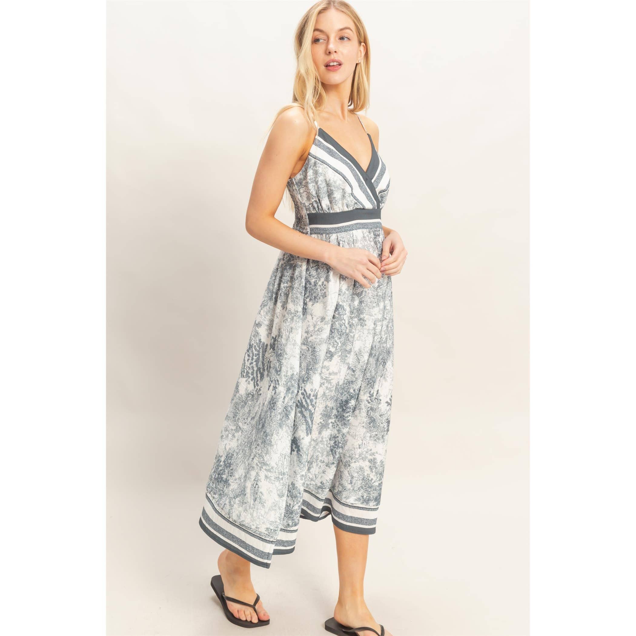 Printed V-Neck A-Line Dress: BEIGE / S-M-L(2-2-2)