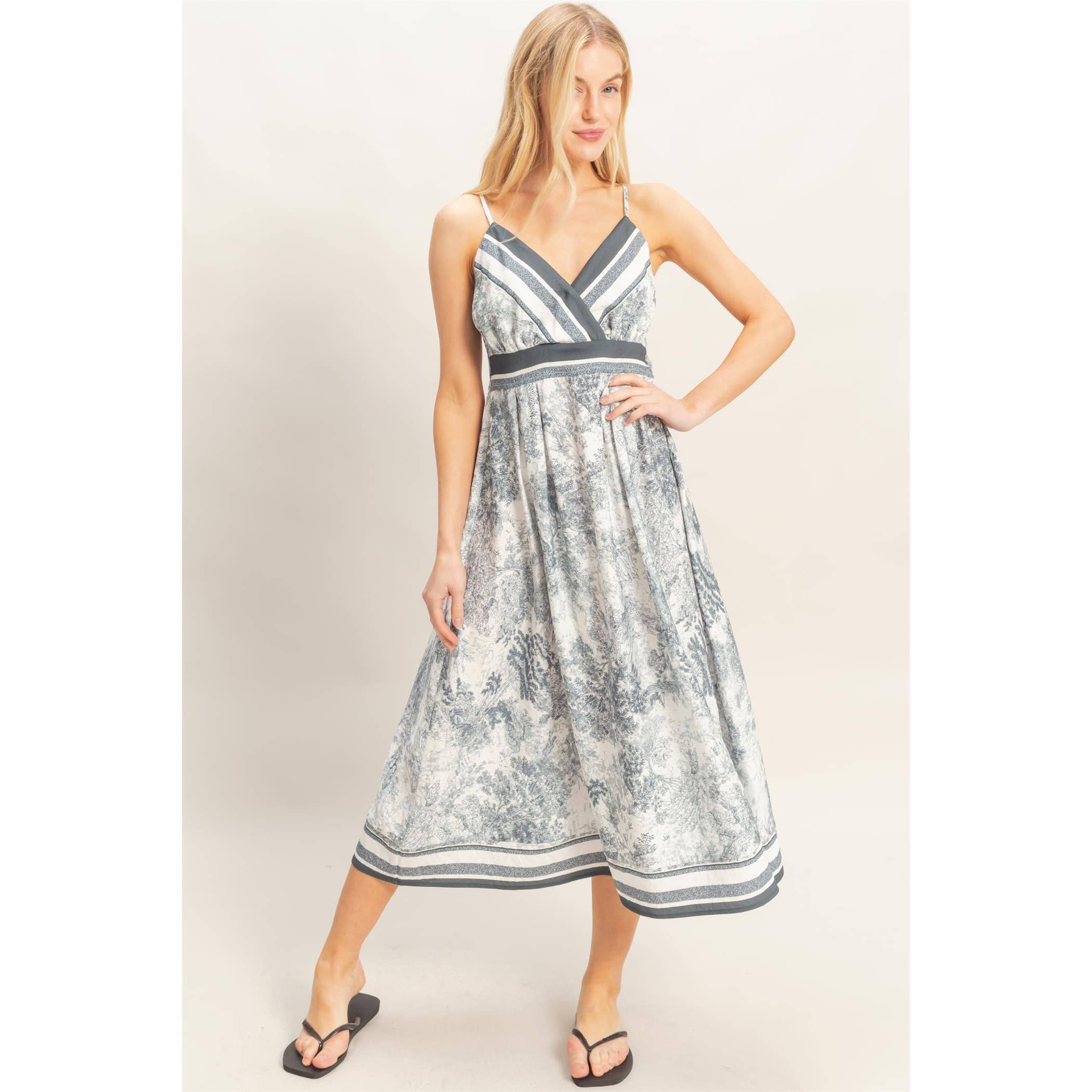 Printed V-Neck A-Line Dress: BEIGE / S-M-L(2-2-2)