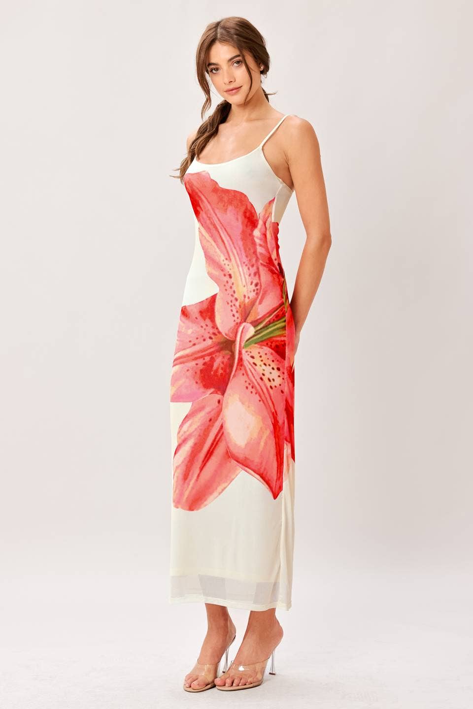 A printed power mesh cami midi dress - ID23652: IVORY / Contemporary / S