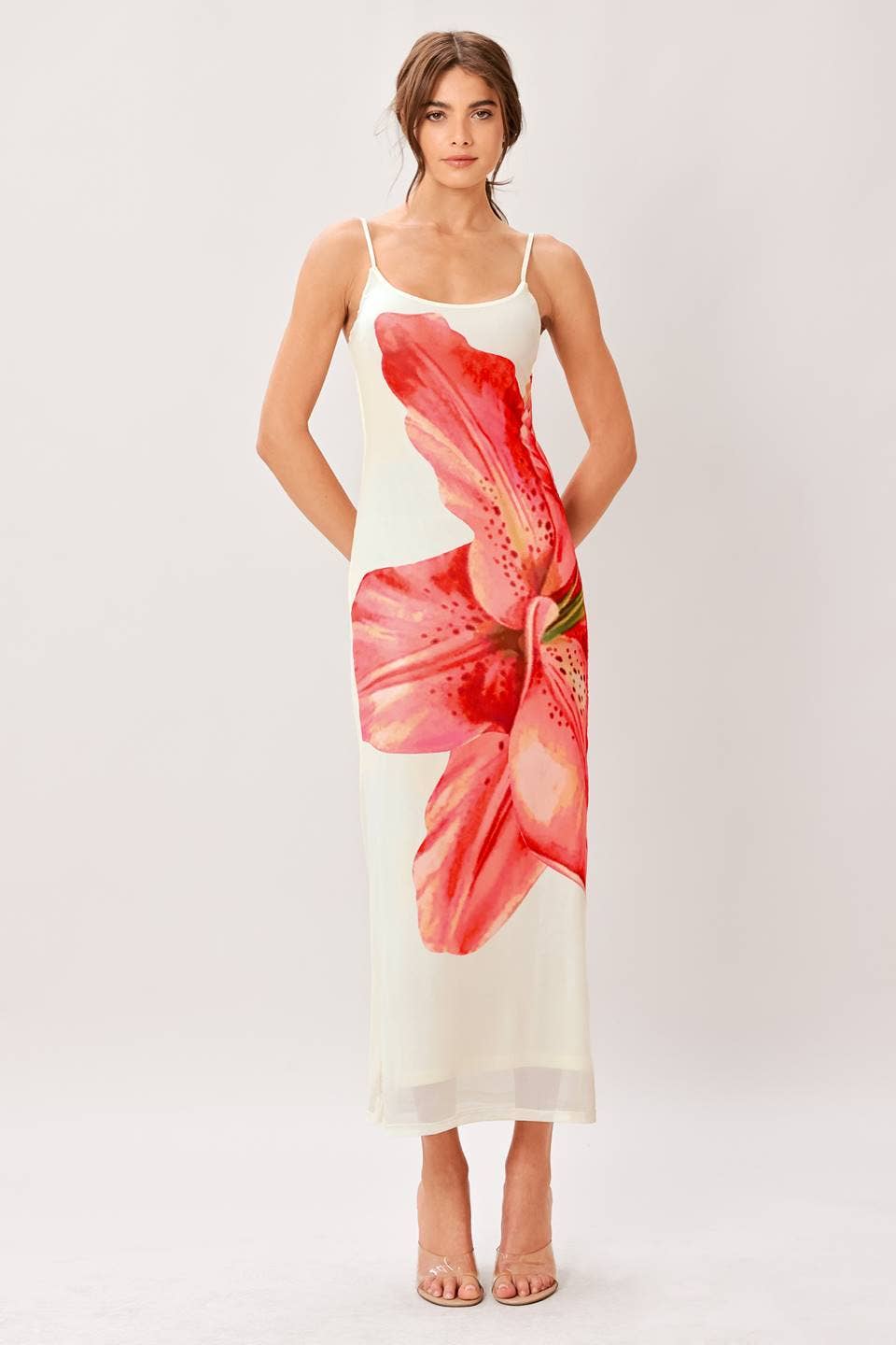 A printed power mesh cami midi dress - ID23652: IVORY / Contemporary / S