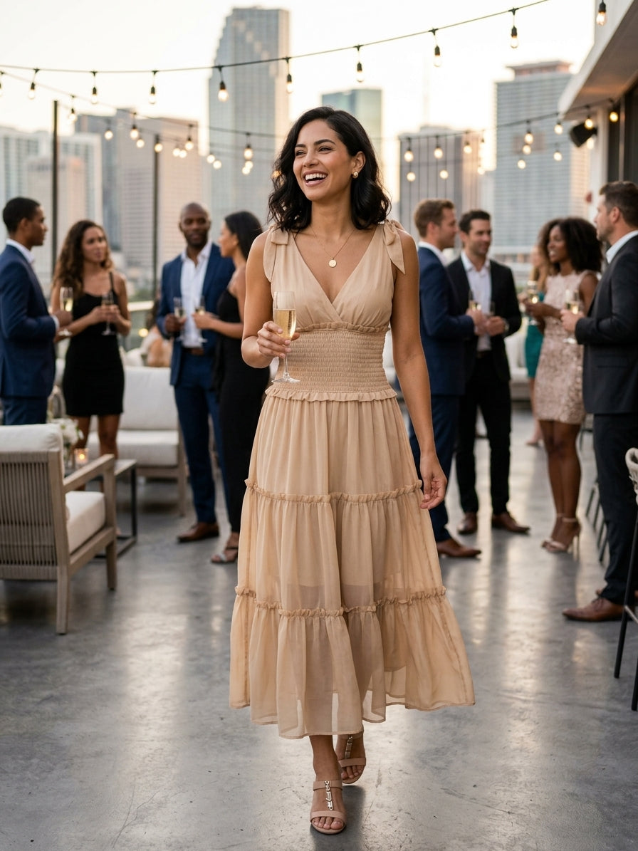 Beige Smocked Tiered Midi Chiffon Dress | V-Neck Ruffle Resort Dress