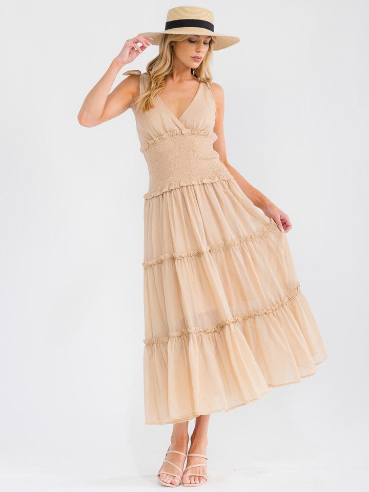 Beige Smocked Tiered Midi Chiffon Dress | V-Neck Ruffle Resort Dress