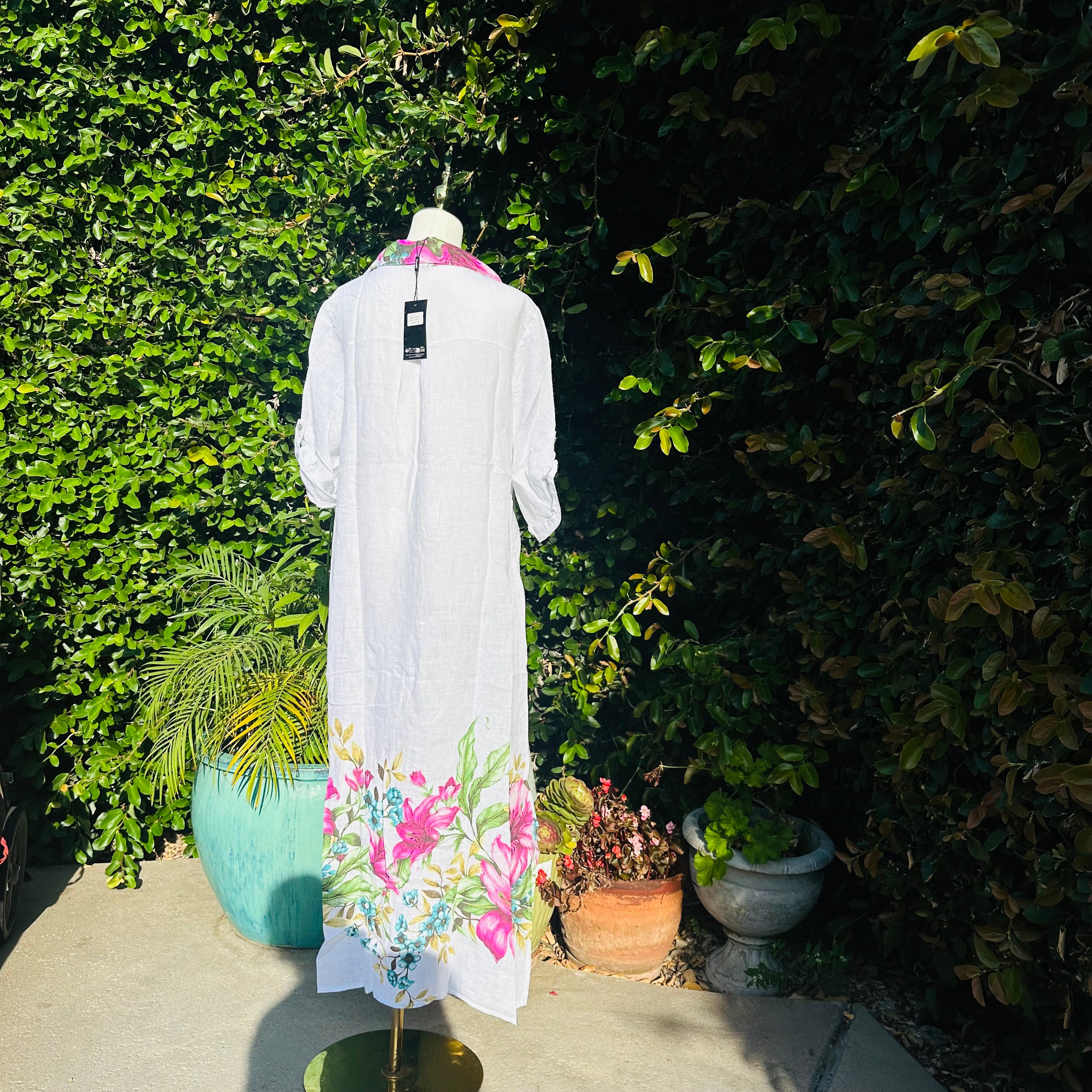Cecille Italian Linen Floral Print Button-Front Shirt  Dress