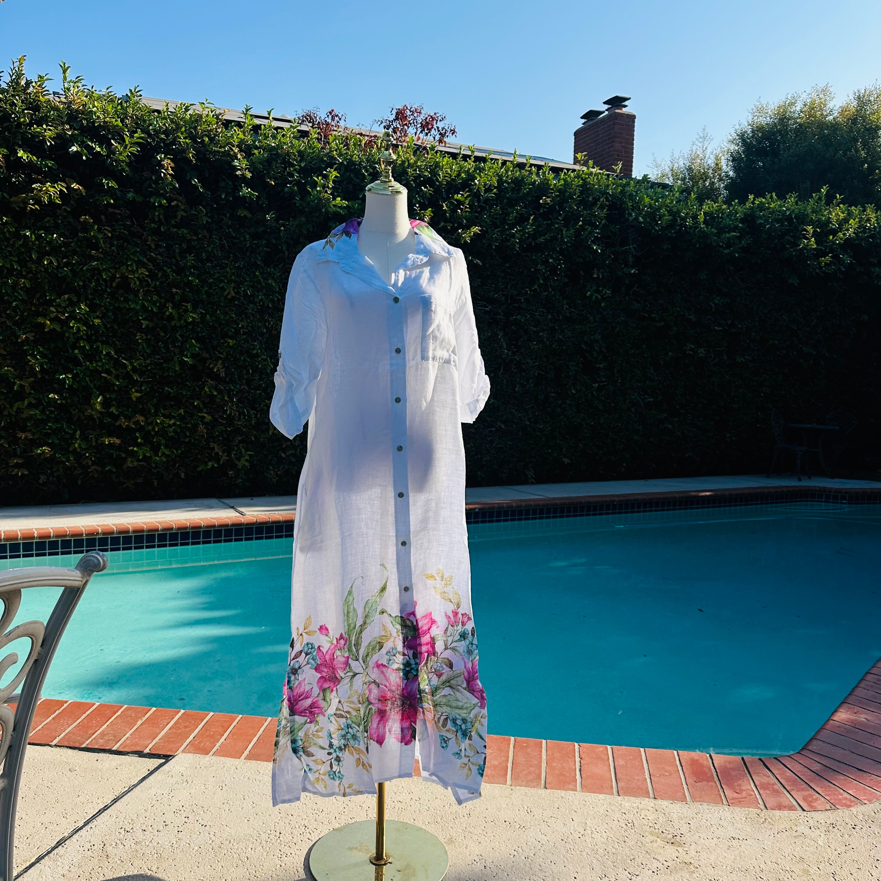 Cecille Italian Linen Floral Print Button-Front Shirt  Dress