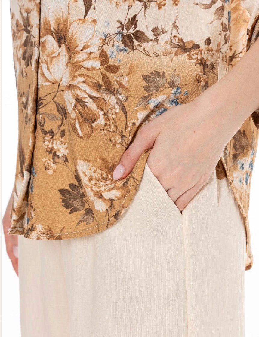 Floral Print Button-Down Shirt & Wide-Leg Pants Set