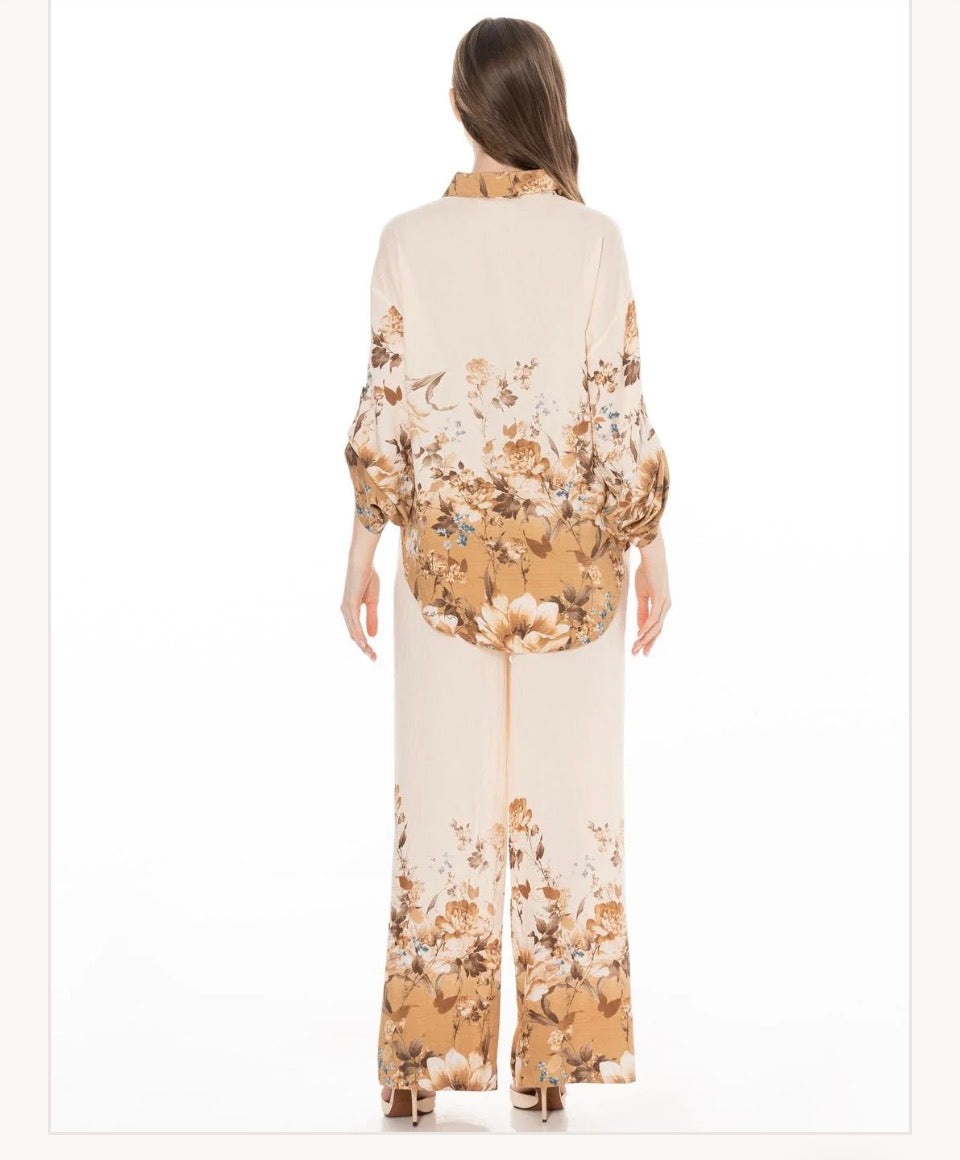 Floral Print Button-Down Shirt & Wide-Leg Pants Set