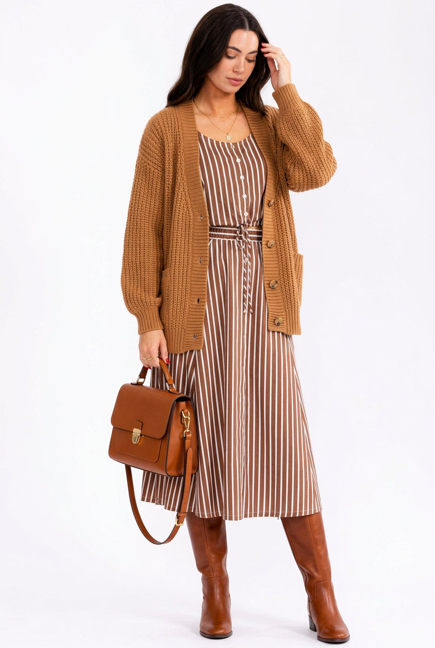A woman modeling a sleeveless midi dress with vertical brown and beige stripes, featuring a tie-waist belt and a V-neckline, set against a plain white studio background.