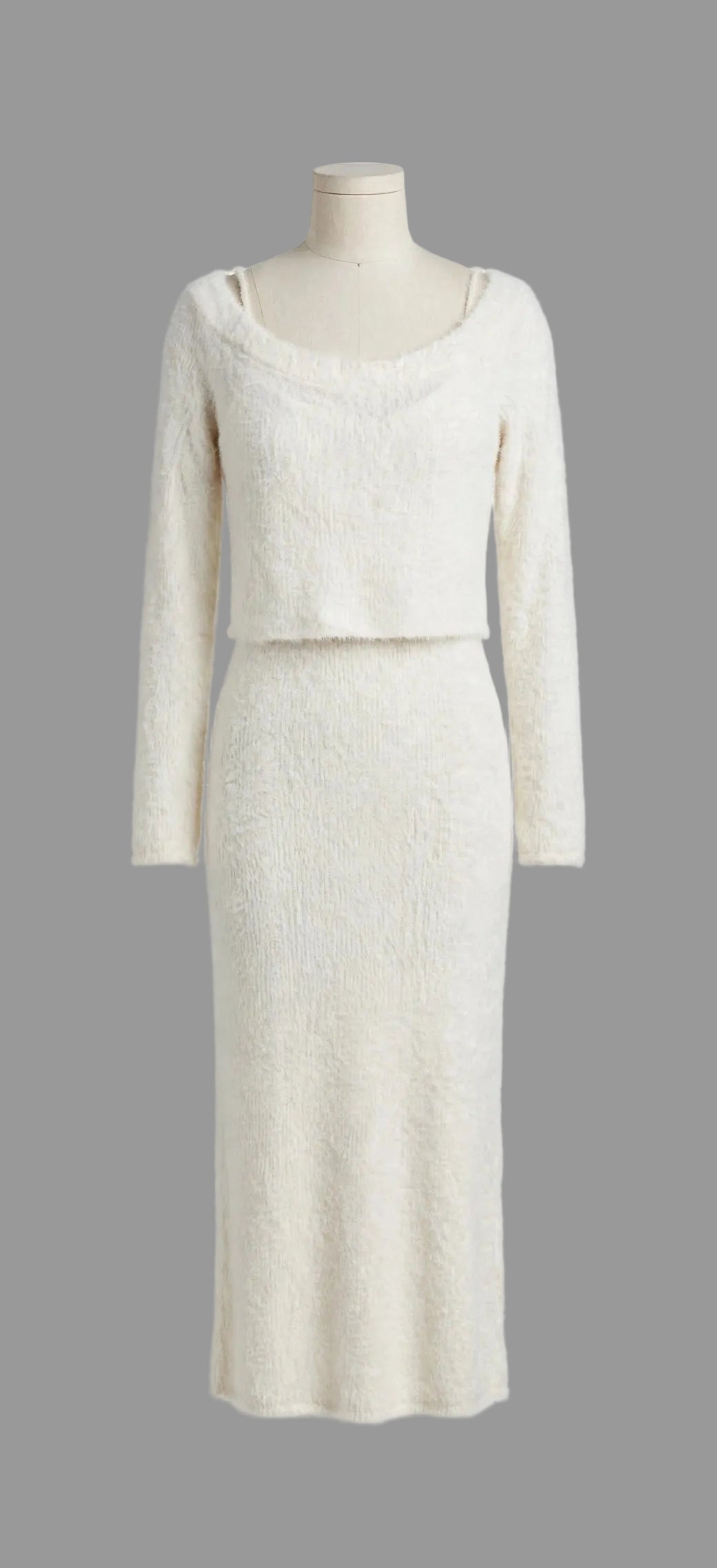 Alison Cream Fuzzy Knit Midi Sweater Dress