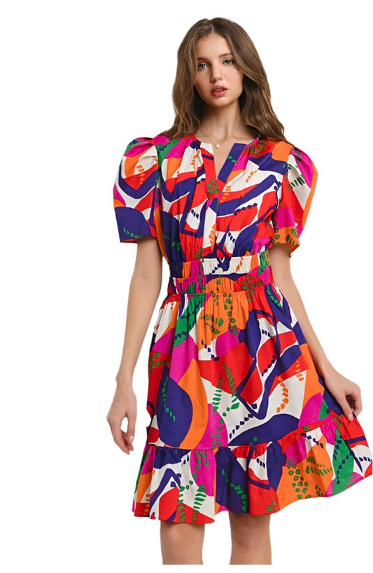 Multi Print Cotton Dress | Red Multi Print Dress | Swimzz