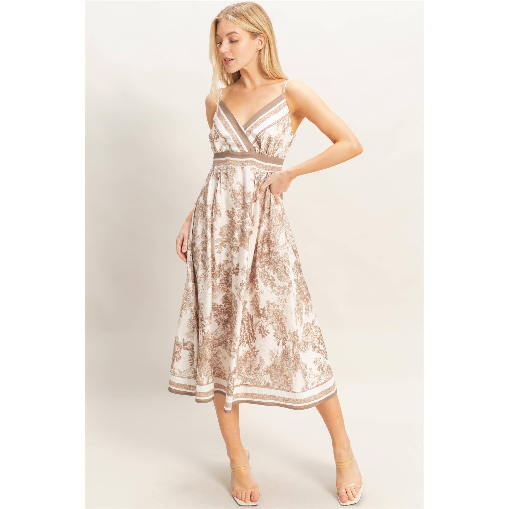Printed V-Neck A-Line Dress: BEIGE / S-M-L(2-2-2)