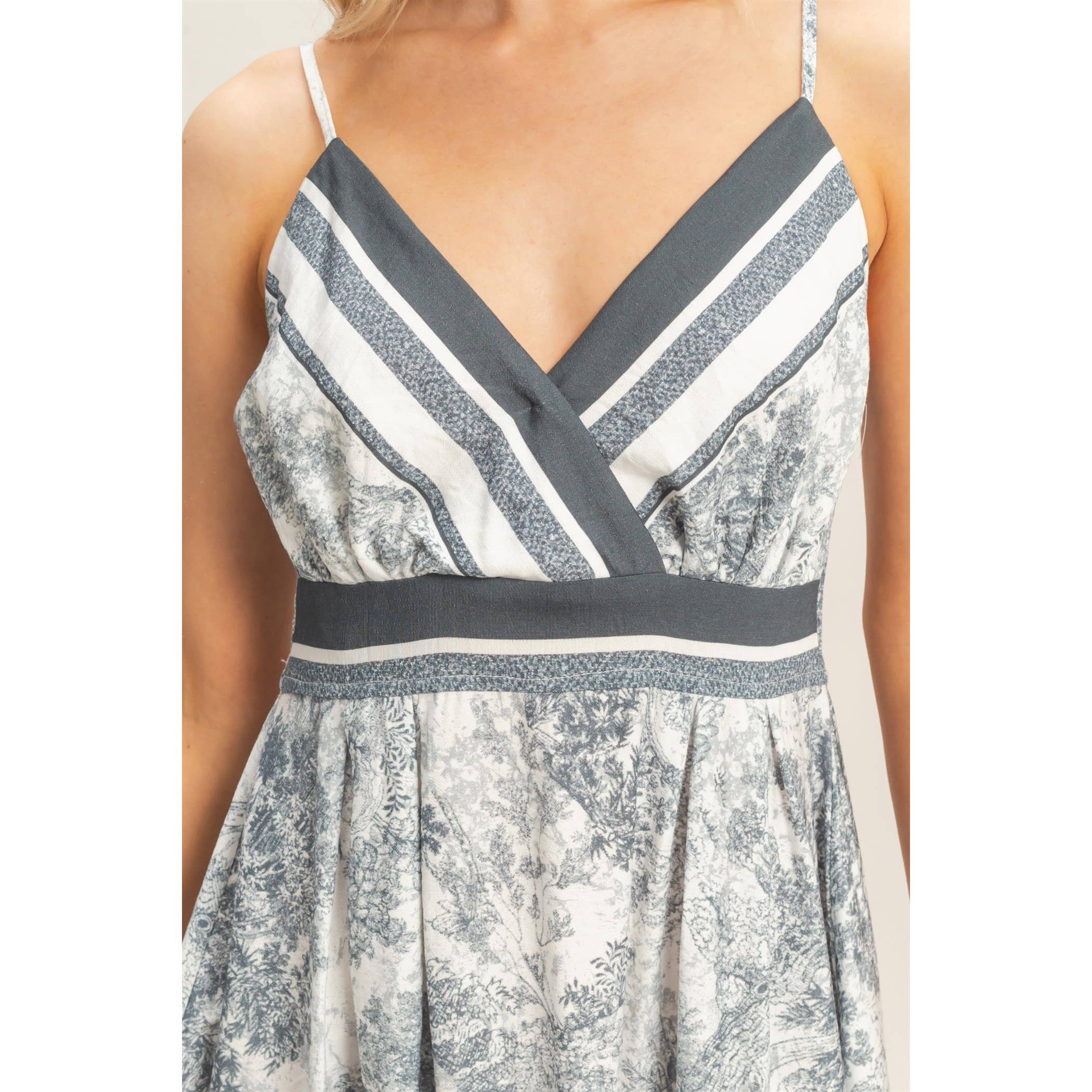 Printed V-Neck A-Line Dress: BEIGE / S-M-L(2-2-2)