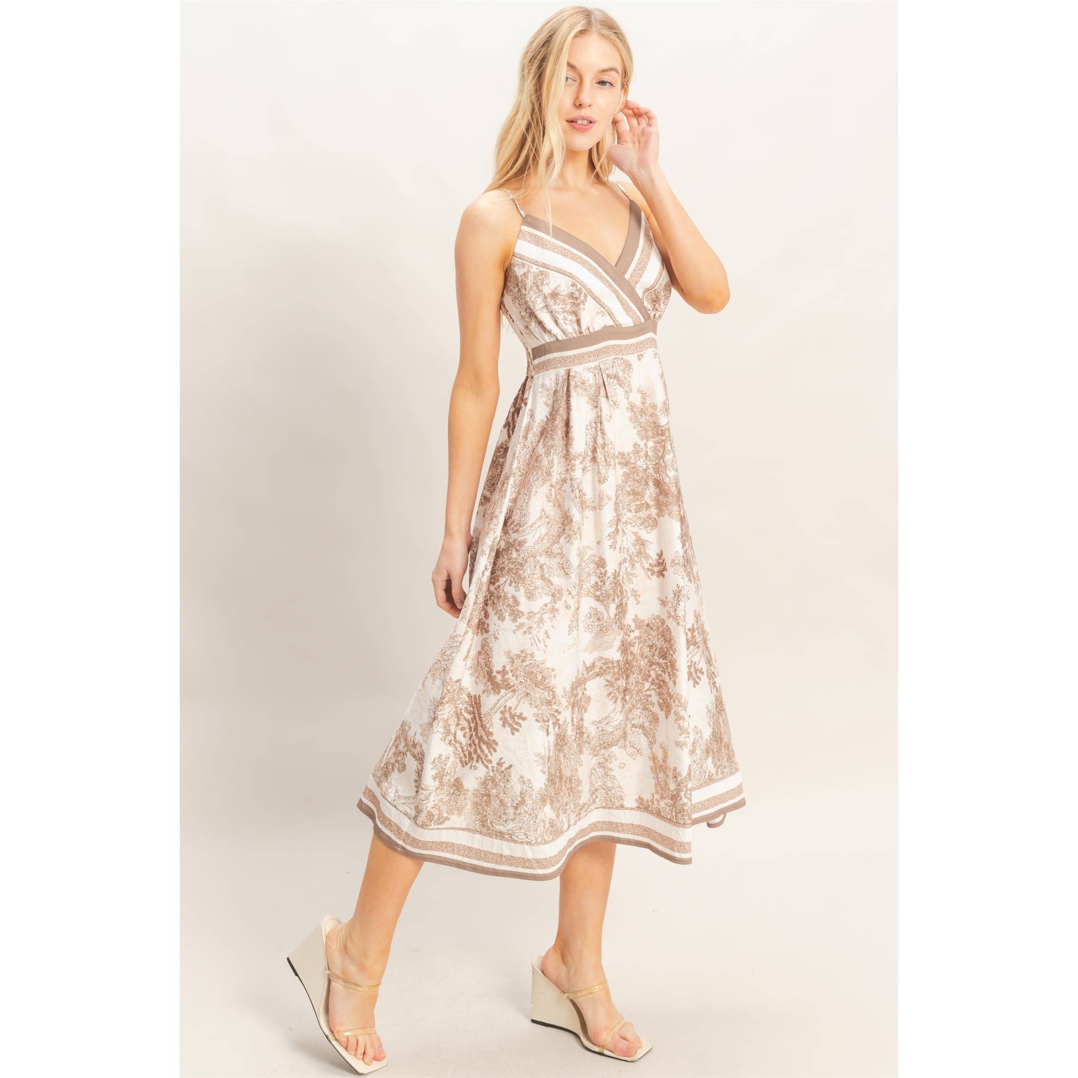 Printed V-Neck A-Line Dress: BEIGE / S-M-L(2-2-2)