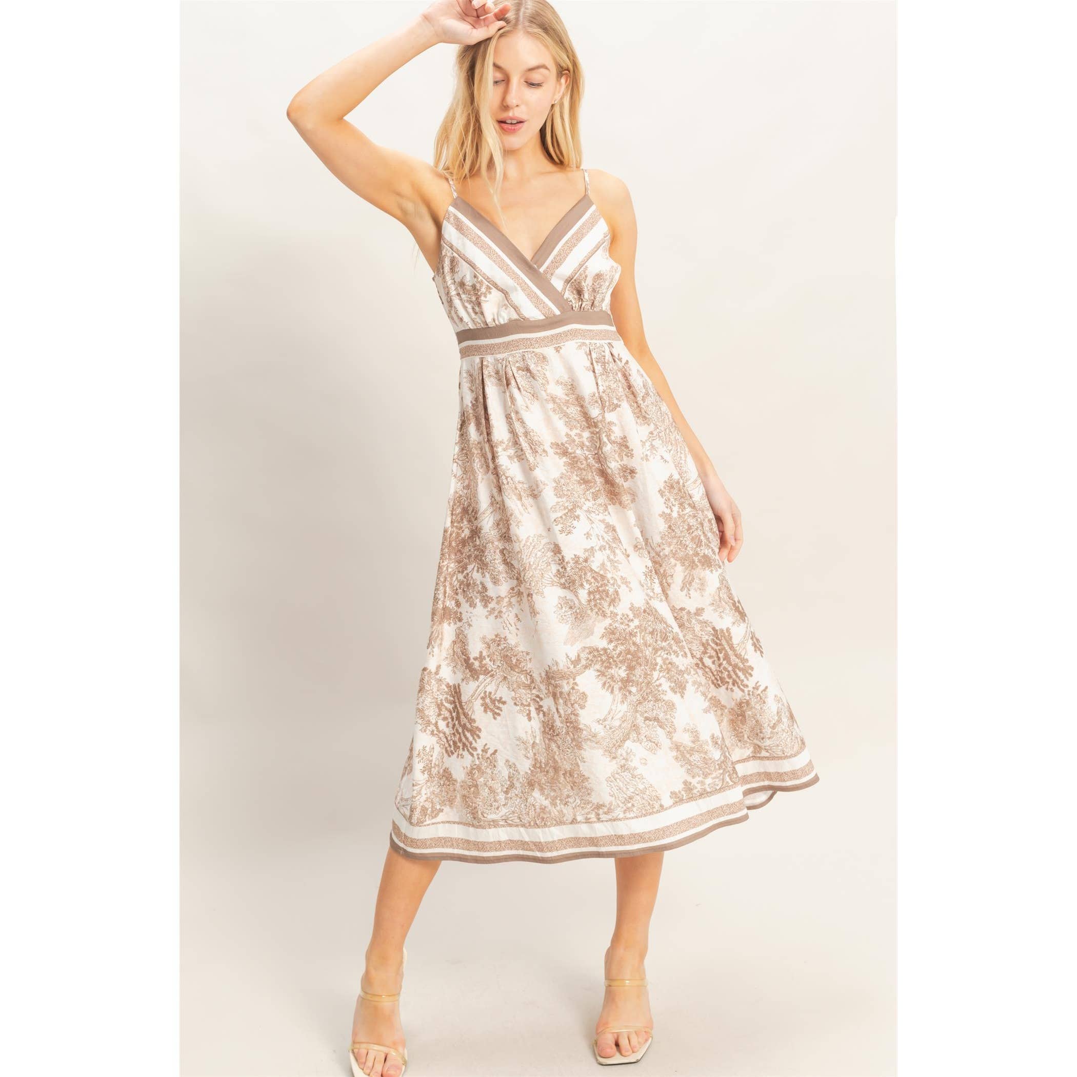 Printed V-Neck A-Line Dress: BEIGE / S-M-L(2-2-2)