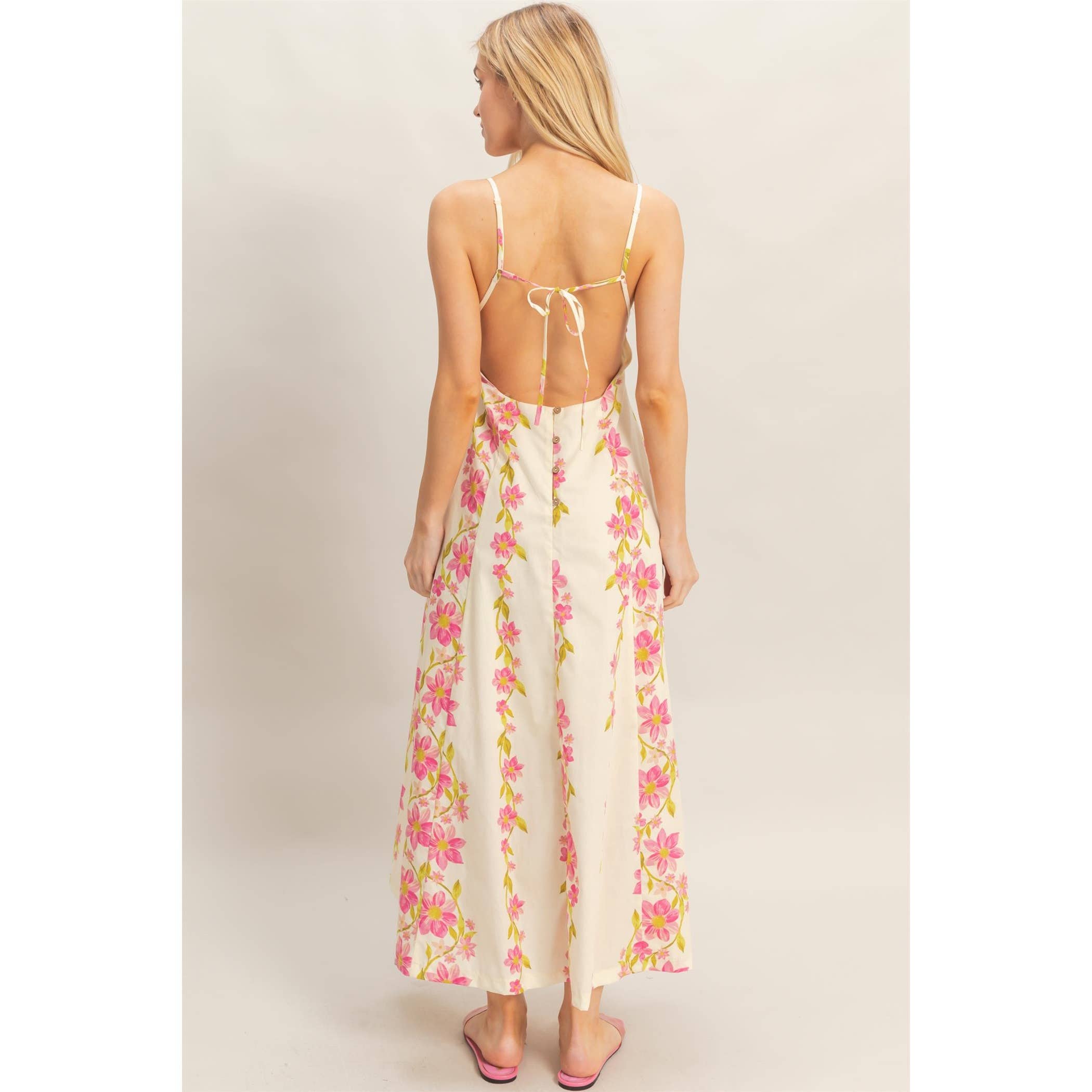 Floral V-Neck Cami Dress: PINK / S-M-L(2-2-2)