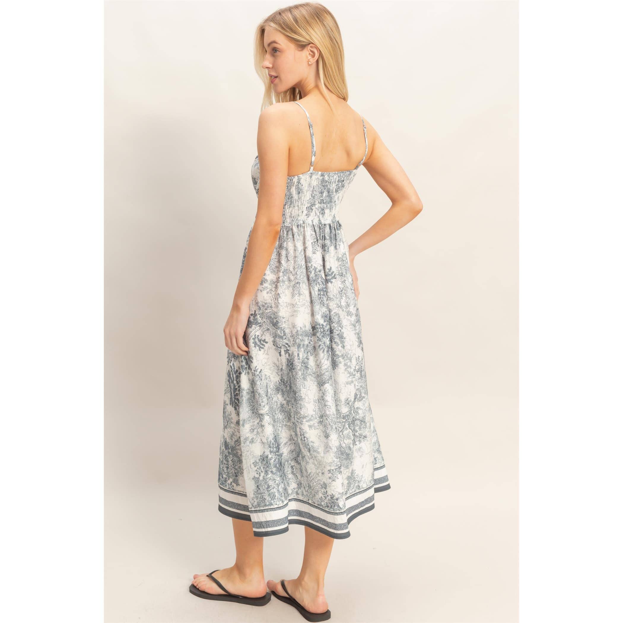 Printed V-Neck A-Line Dress: BEIGE / S-M-L(2-2-2)