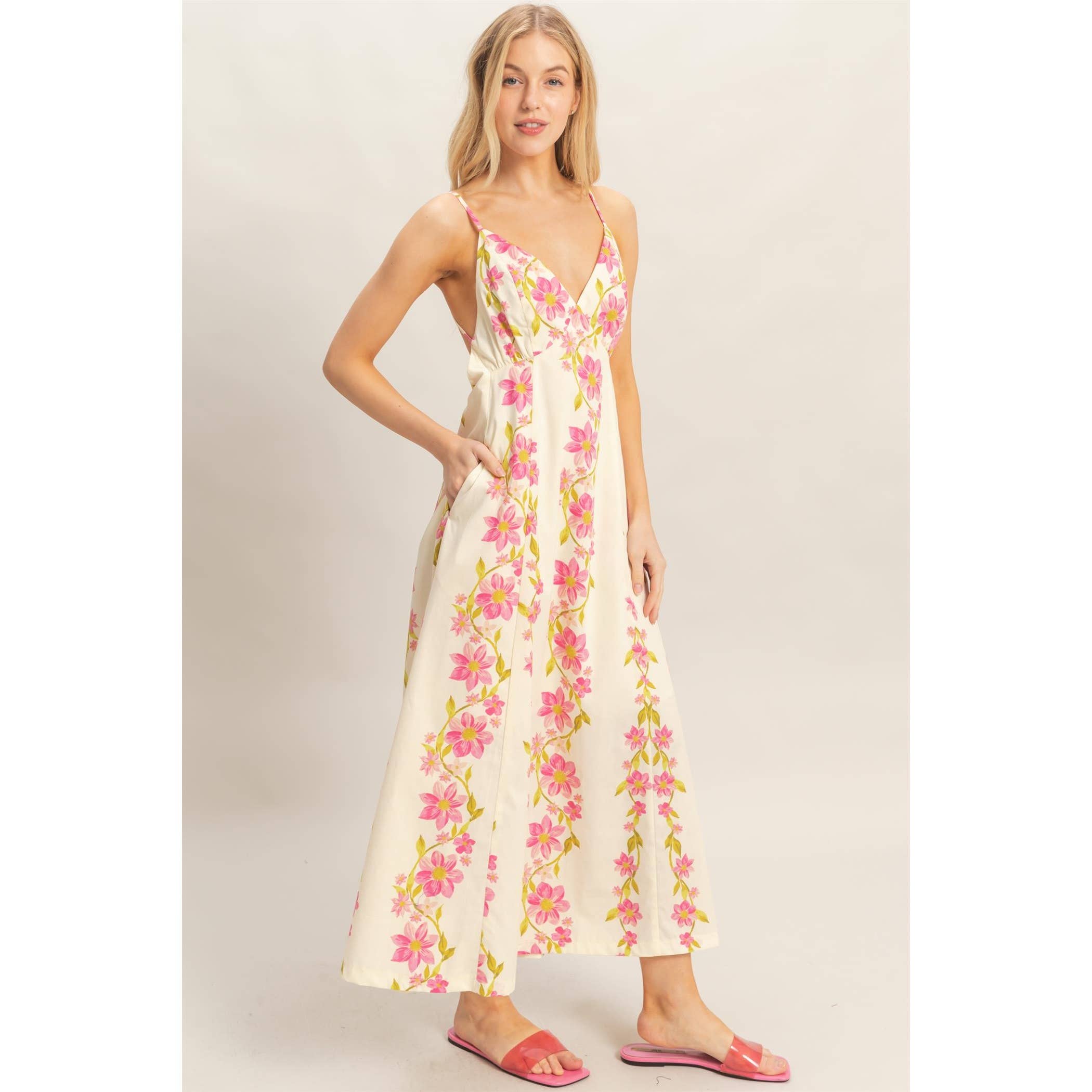 Floral V-Neck Cami Dress: PINK / S-M-L(2-2-2)