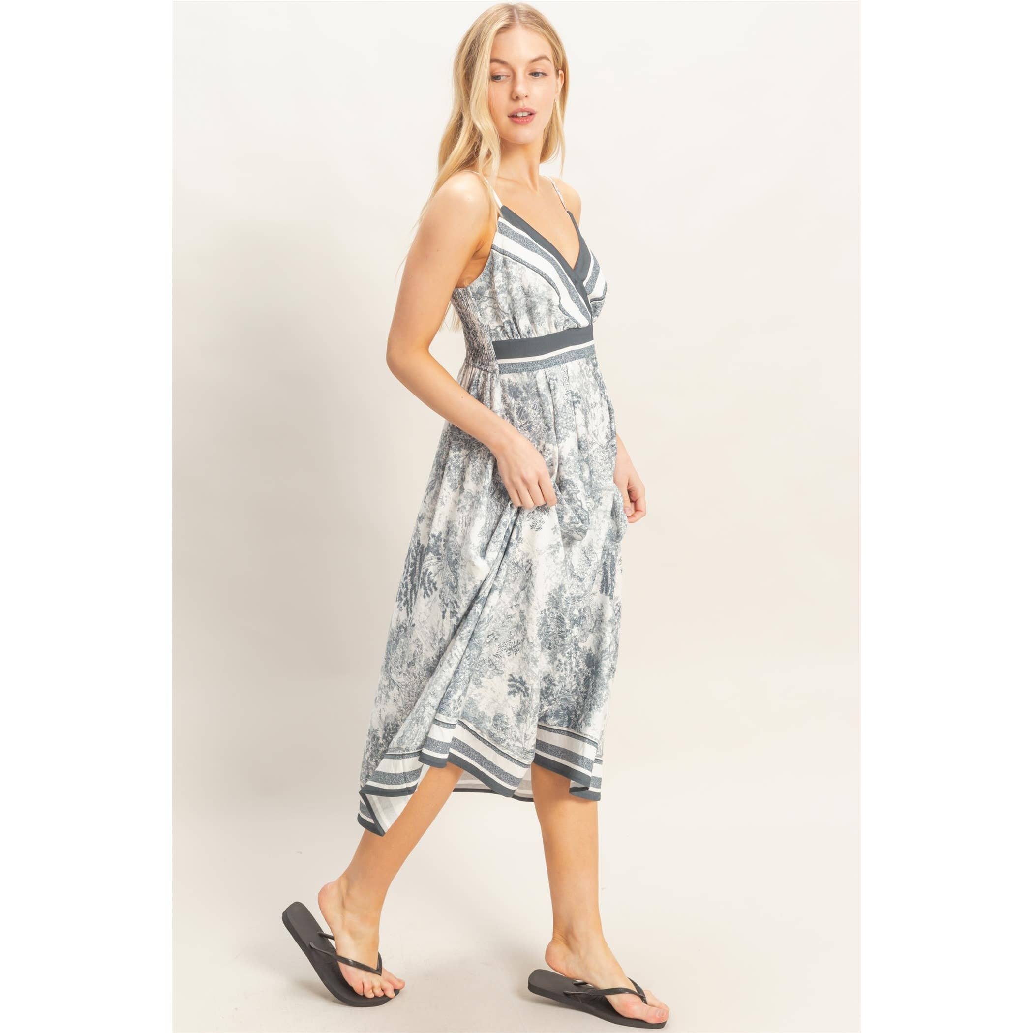 Printed V-Neck A-Line Dress: BEIGE / S-M-L(2-2-2)