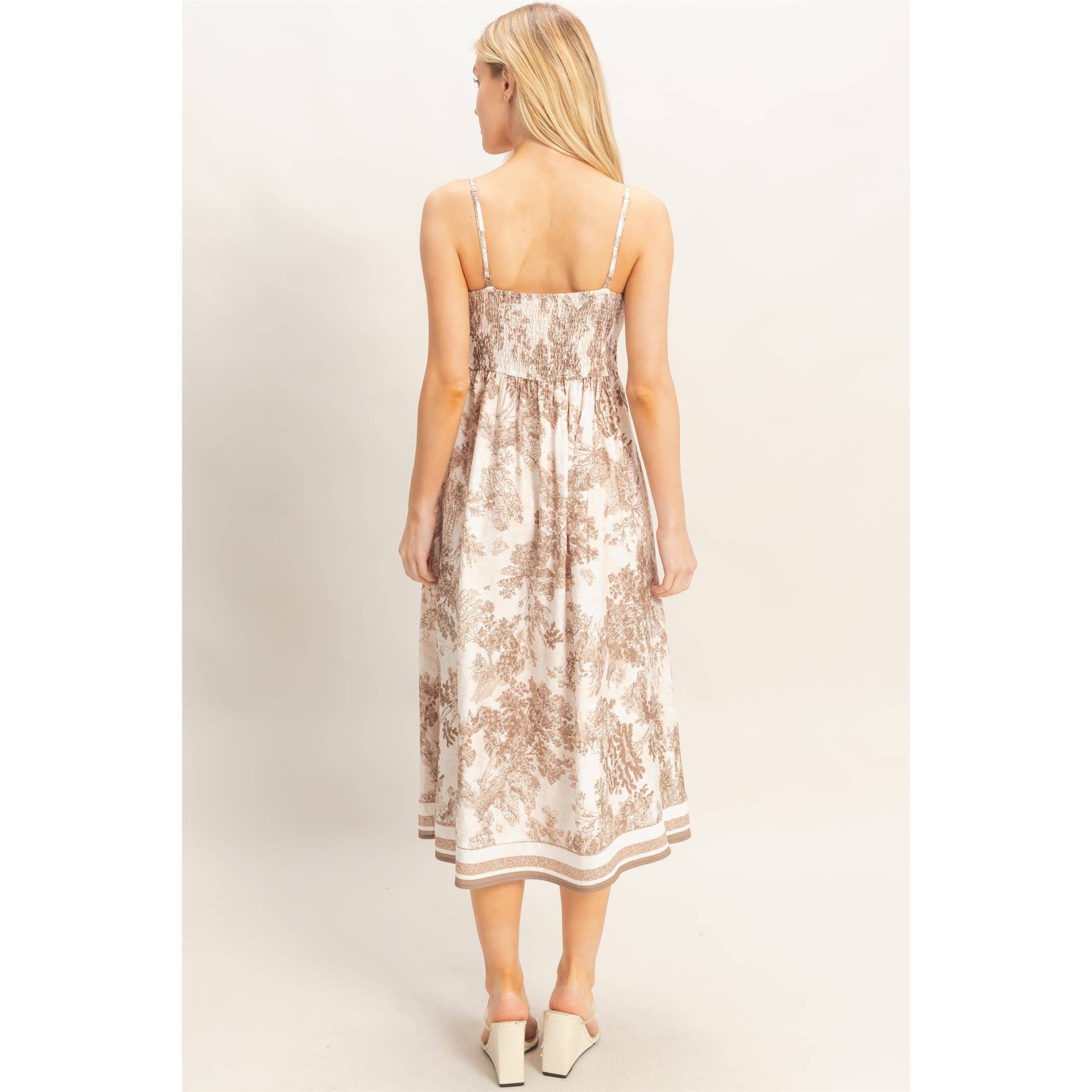 Printed V-Neck A-Line Dress: BEIGE / S-M-L(2-2-2)