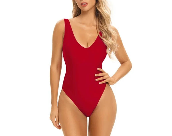 One piece swimsuit with open back available in black, red, white. FREE SHIPPING & RETURN.